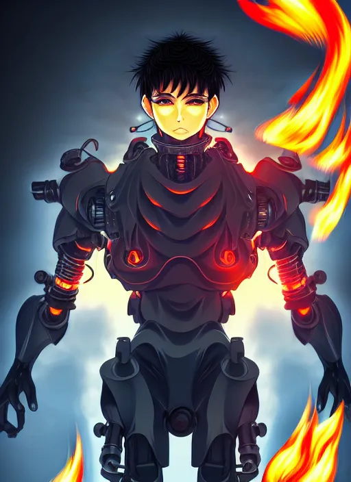 Image similar to a detailed manga full body portrait illustration of a dark haired cyborg anime man surrounded by fire, detailed artwork, realism, 4 k resolution, detailed, high quality, sharp focus, hq artwork, insane detail, volumetric lighting, character concept art, fine details, clear subject, central subject