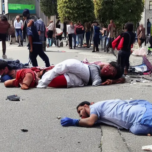 Image similar to several people laying on pavement, dead after gas attack, horror scene, landscape