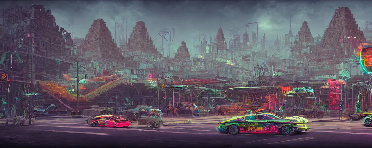 Image similar to hyperrealistic matte painting of aztec temples in a future environment with flying cars, mechanical features and neon, graffiti, scaffolding, smog, destruction by filip hodas, beeple, 4 k, trending on cgsociety