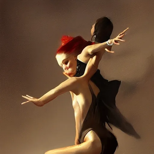 Image similar to oil painting dancer woman with dancer men, herb rose, by greg rutkowski, artstation