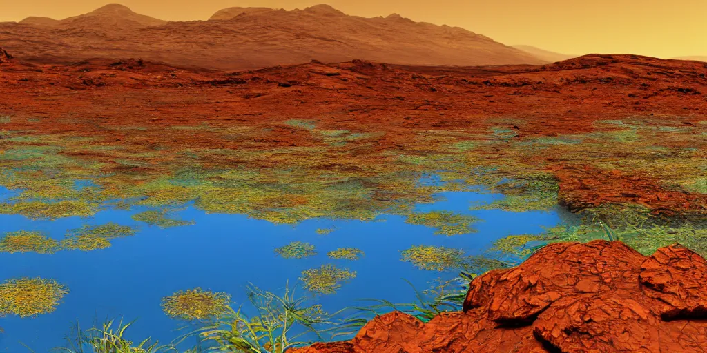 Image similar to photo of life on mars, thriving ecosystem, bright fauna, volumetric light, ponds, mountains, high detail, mountains, geoformations, sunlight