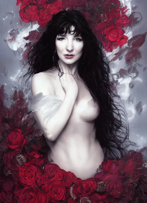 Prompt: portrait of kate bush against a red velvet background, lush black hair, pale skin, white roses, flowing material, intricate, beautiful cinematic lighting, stunning painting by artgerm, caravaggio, android jones, wadim kashin