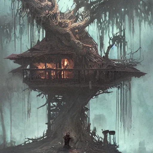 Prompt: a goblinoid human waits inside broken tree house, detailed intricate ink illustration, dark atmosphere, detailed illustration, hd, 4k, digital art, overdetailed art, concept art, by greg rutkowski, by loish, complementing colors, Trending on artstation, deviantart