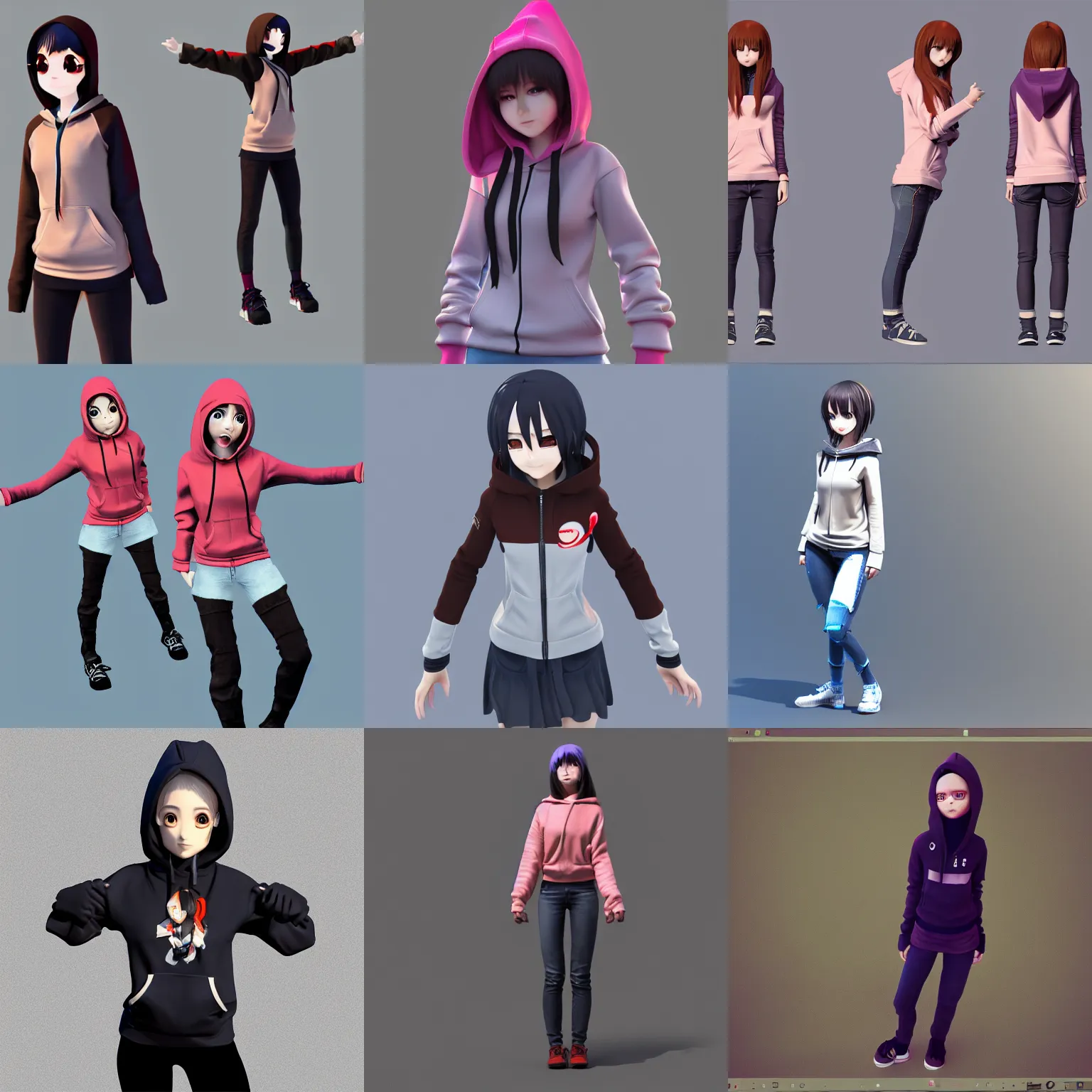 Prompt: t-pose anime girl wearing hoodie, 3d model, artstation, sketchfab, renderhub
