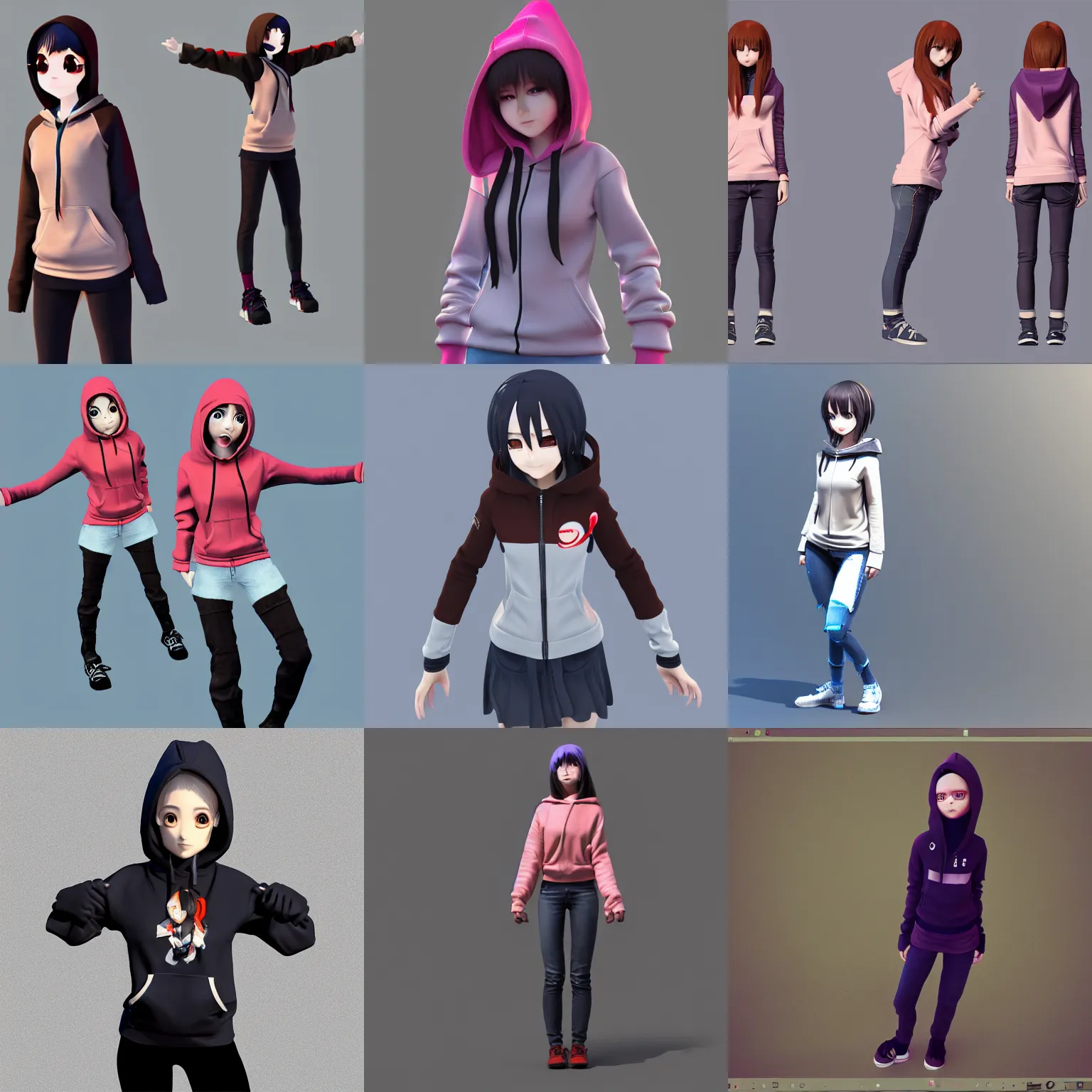 t-pose anime girl wearing hoodie, 3d model, | Stable Diffusion