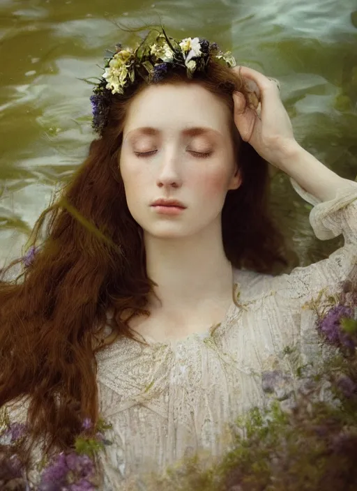 Image similar to Kodak Portra 400, 8K, soft light, volumetric lighting, highly detailed, britt marling style 3/4, Close-up portrait photography of a beautiful woman how pre-Raphaelites a woman with her eyes closed is surrounded by water face is surrounded by fish, she has a beautiful lace dress and hair are intricate with highly detailed realistic beautiful flowers , Realistic, Refined, Highly Detailed, natural outdoor soft pastel lighting colors scheme, outdoor fine art photography, Hyper realistic, photo realistic