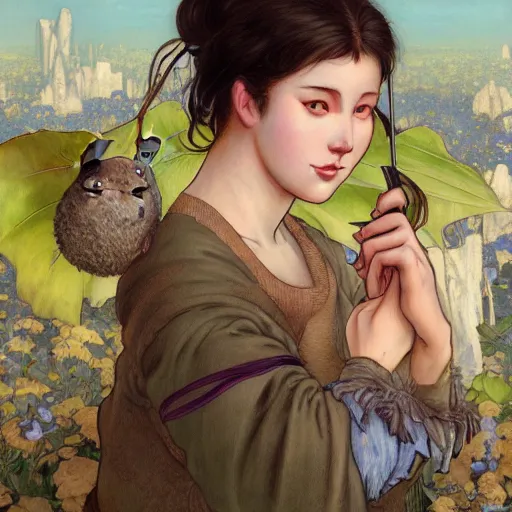 Image similar to portrait of a totoro woman, detailed, centered, digital painting, artstation, concept art, donato giancola, alphonse mucha, Joseph Christian Leyendecker, WLOP, Boris Vallejo, Breathtaking, 8k resolution, extremely detailed, beautiful, establishing shot, artistic, hyperrealistic, beautiful face, octane render