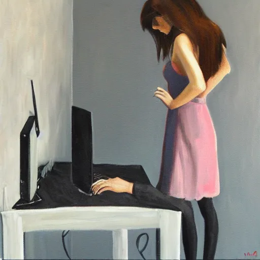 Image similar to oil painting, full room view, skinny female artist back view, dark hair, pale grey babydoll dress with 3d flowers, typing on a computer keyboard facing a giant wall size computer screen