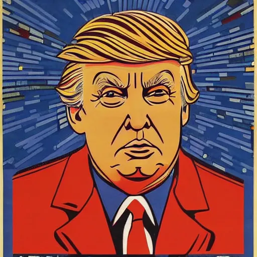 Prompt: a colorful Soviet propaganda poster of Donald trumps face looking at the, mosaic, high contrast,