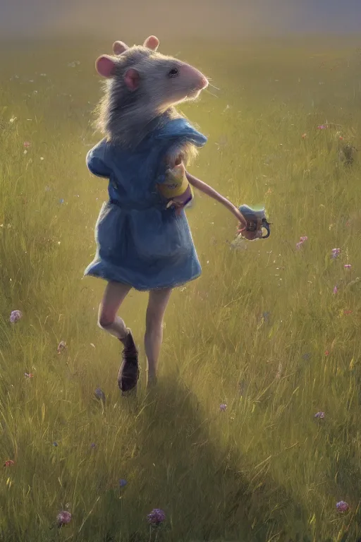 Prompt: a cute anthropomorphic rat girl wearing human clothes walking in a meadow, by craig mullins, detailed digital painting realism 8 k