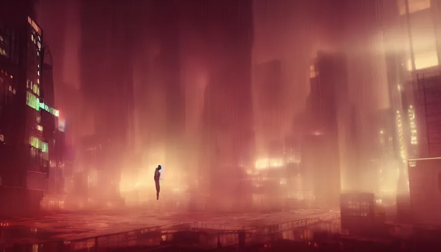 Prompt: man falling through clouds over a dark cyberpunk city, digital art, volumetric lighting, dystopia, artstation, concept art, painting