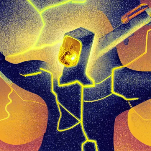 Image similar to ethereal god of artificial intelligence in the shape of yellow nebulous thunder creating the first artificial neural network on anvil with his hammer, high resolution, award winning art, trending on art station