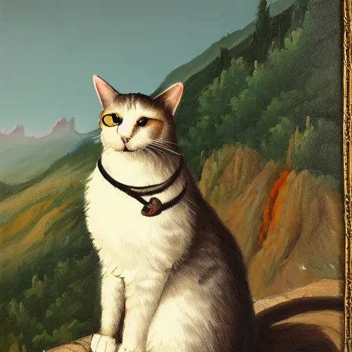 Prompt: a painting of a cat sitting on the mountaintop and playing the flute