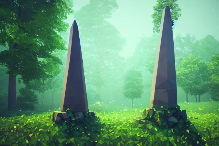 Prompt: super detailed color lowpoly art, thick overgrown forest grove, ancient stone obelisk featuring subtle glowing magic runes, emitting soft nature magic particles, unreal engine, retrowave color palette, 3 d render, lowpoly, colorful, digital art, perspective