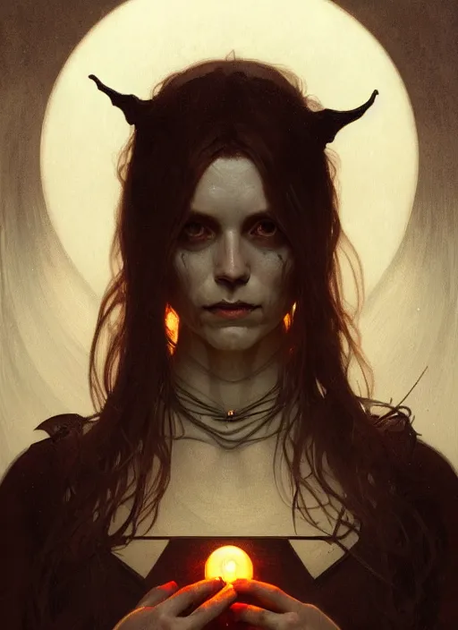 Image similar to symmetry!! portrait of a witch, horror, dark moody lights!! intricate, scary, highly detailed, digital painting, artstation, concept art, smooth, sharp focus, illustration, art by greg rutkowski and alphonse mucha