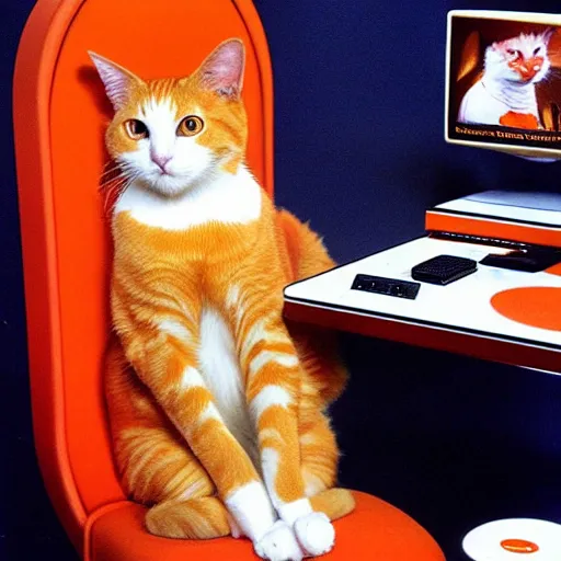 Image similar to An orange and white cat sitting in the captain's chair of the USS Enterprise. Vintage TV show, centered.