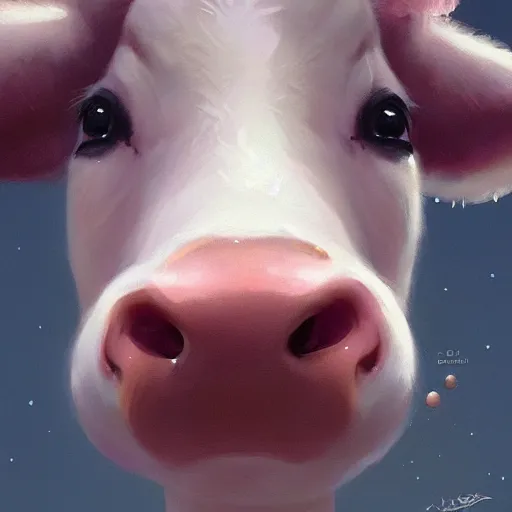 Image similar to very cute baby cow thinks about the cosmic multiverse, close up, anatomically correct, high detailed face, by ilya kuvshinov, greg rutkowski and makoto shinkai, trending on artstation