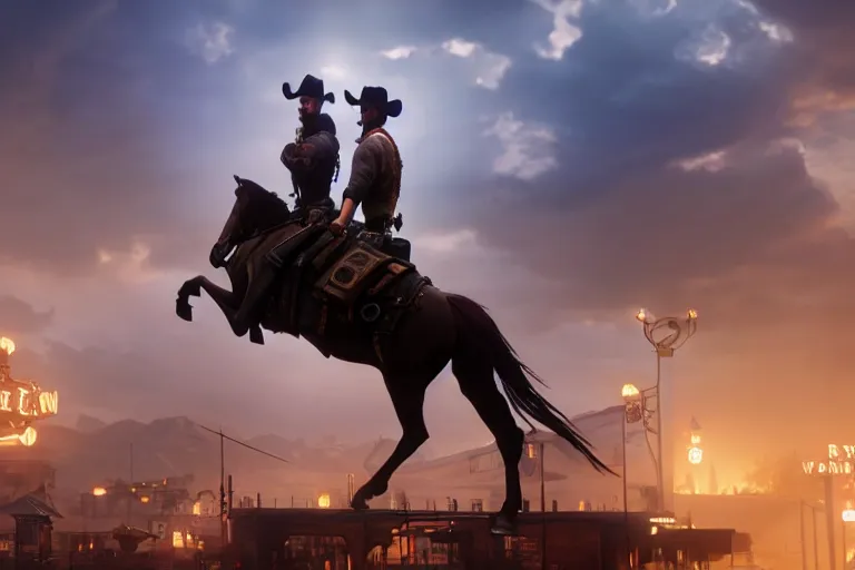 Image similar to photo from shoulder of a cowboy, riding a steampunk horse, on a futuristic shopping mall, cinematic lightning, ray tracing, unreal engine 5, photorealistic, 8 k, uhd, 4 k, red dead redemption 2 game concept, extremely detailed, beautiful, elegant, intricate, foggy, in - game footage