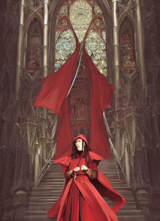 Prompt: A Full View of a Red Wizard wearing a robe and ornate armor in front of a gothic tower. masterpiece 4k digital illustration by Ruan Jia and Mandy Jurgens and Artgerm and greg rutkowski and Alexander Tsaruk and WLOP and william-adolphe bouguereau, award winning, Artstation, art nouveau aesthetic, Alphonse Mucha background, intricate details, realistic, panoramic view, Hyperdetailed, 8k resolution, intricate art nouveau