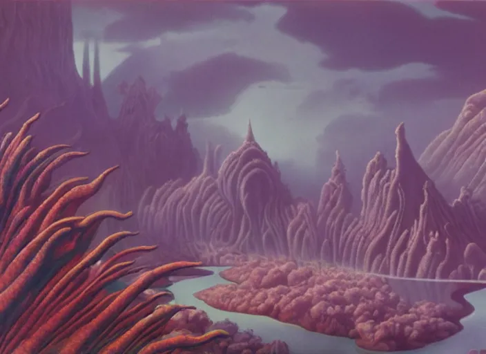 Image similar to pleasing misty neonbarf palette. intricate sharp spikes riddle this puzzling landscape, it's too detailed. rhythmically complex wonderland matte painting from painterly fantasia ( 1 9 4 1 )