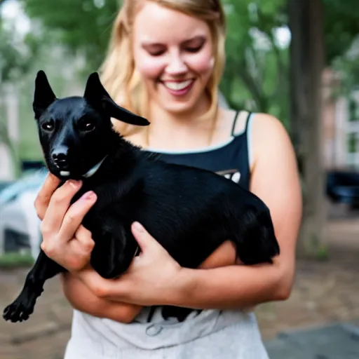 Image similar to a young woman holding a black dog