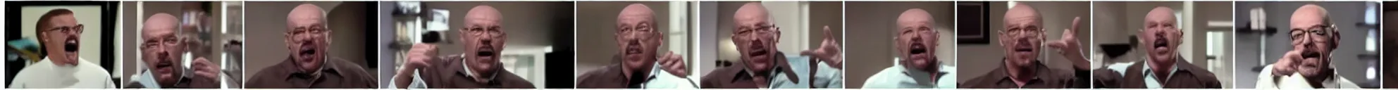 Image similar to 8 consistent frames from a video showing walter white yelling and pointing at a tv