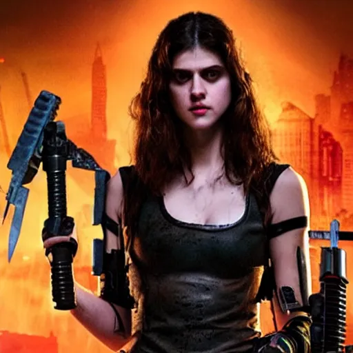 Image similar to photo of alexandra daddario as a cyberpunk warrior with weapons