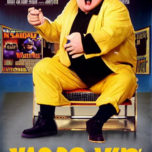 Image similar to live-action-Wario-hollywood movie casting, played by Chris Farley, posing for poster photography