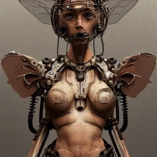 Prompt: portrait of a mechanical fairy with fairy wings, gears, wire and cables, very detailed, very realistic, in the style of Craig Mullins and James Gurney, 4k