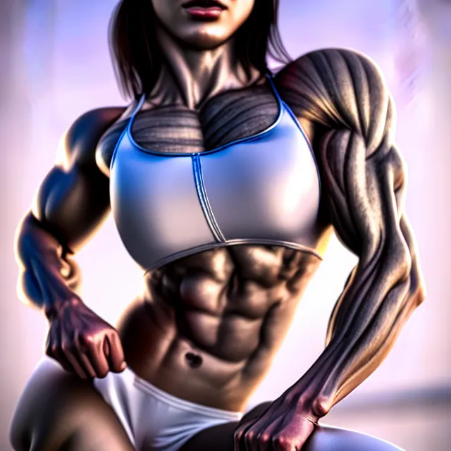 Prompt: muscle girl, chrome, highly detailed, 4 k, hdr, smooth, sharp focus, high resolution, award - winning photo, sakimichan, photorealistic