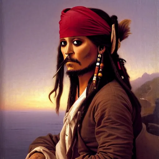 Image similar to Painting of Jack Sparrow. Art by William Adolphe Bouguereau. During golden hour. Extremely detailed. Beautiful. 4K. Award winning.