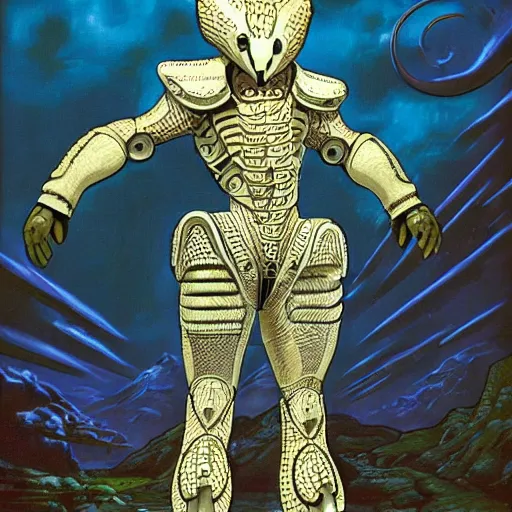 Prompt: a cybernetic pangolin. the pangolin is standing upright. the pangolin is covered in white and gold scales. high quality fantasy science fiction art. painted by larry elmore.