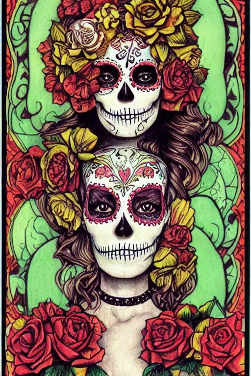 Image similar to Illustration of a sugar skull day of the dead girl, art by louis rhead