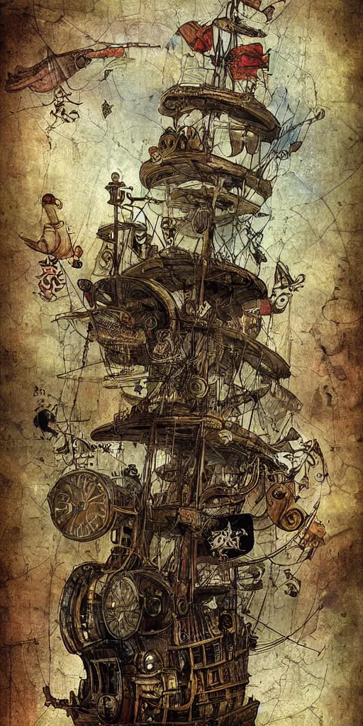 Image similar to a detailed digital painting of a steampunk pirate ship by alexander jansson and where's waldo and leonardo da vinci