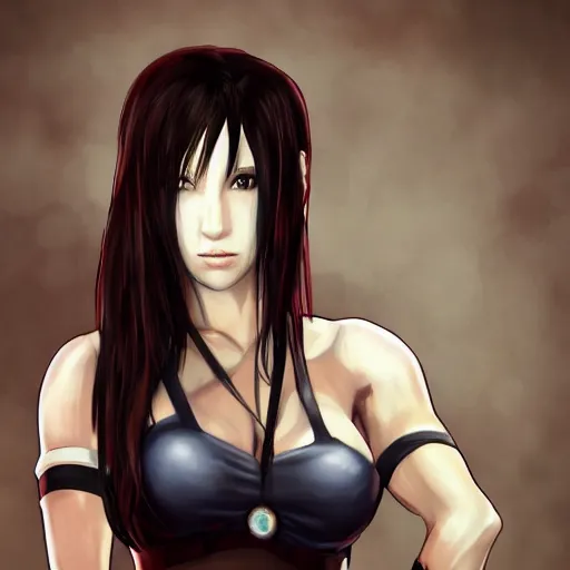 Prompt: high quality portrait of tifa lockhart, detailed background, trending on artstartion