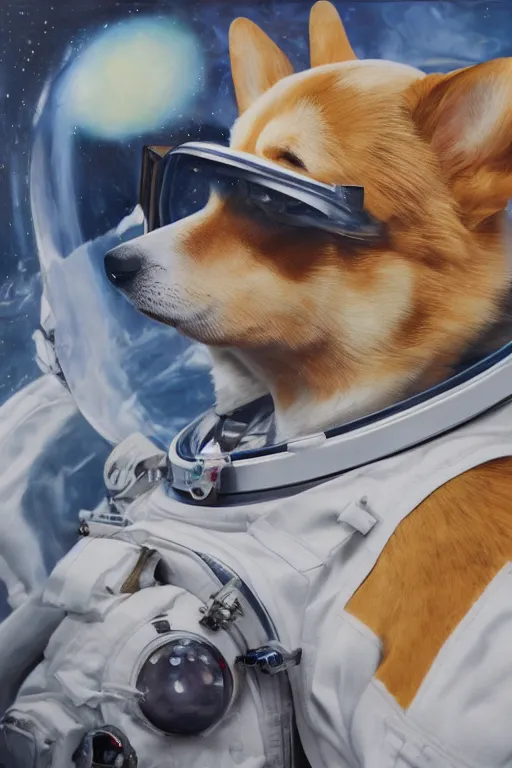 Image similar to corgi astronaut, oil on canvas, intricate, portrait, 8 k highly professionally detailed, hdr, cgsociety