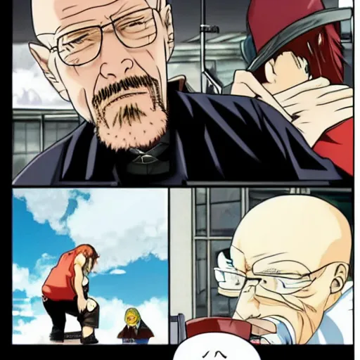 Image similar to an epic anime fight scene, walter white vs. gustabo.