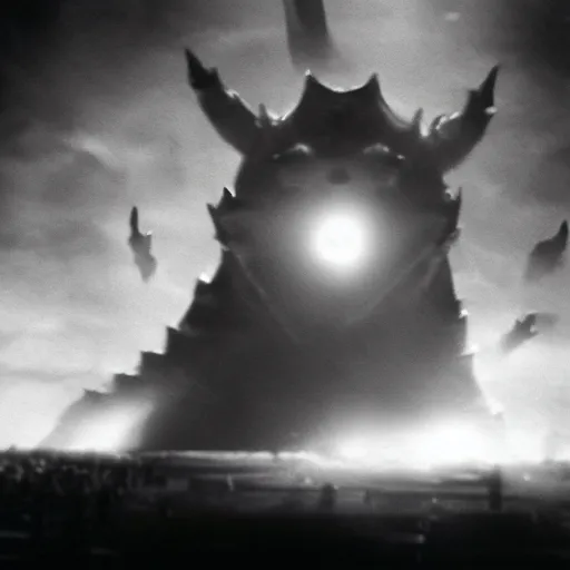 Image similar to low - resolution filmstill of a kaiju monster, fog, thriller, underdeveloped, flare, epic, dramatic