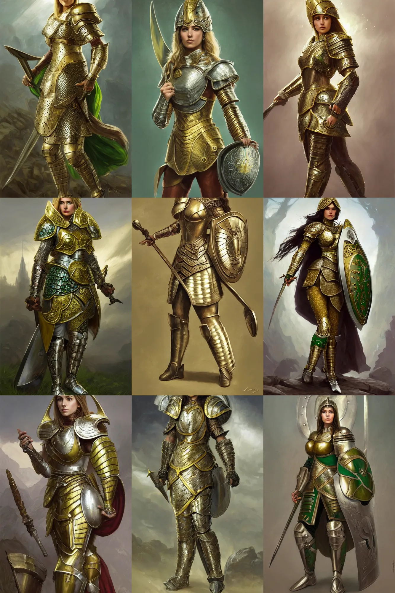 Prompt: full - body portrait of a female italian warrior with medium - length hair and a very detailed face wearing elegant golden plate mail armor with green and white accents, holding a tower shield, highly detailed, digital fantasy painting, artstation, character concept art, smooth, sharp focus, illustration, art by artgerm and greg rutkowski and alphonse mucha