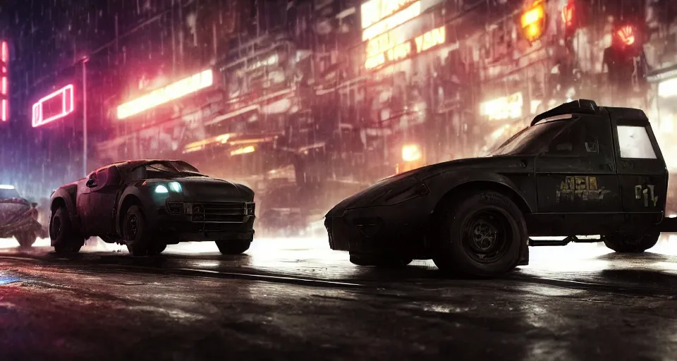 Image similar to closeup photo of combat tesla cybertruck driving on wet dystopian cyberpunk city streets at night, mad max, action, speed, volumetric lighting, hdr, need for speed, gta 5, forza, ridley scott, makoto shinkai, syd mead, craig mullins, cinematic, fast and furious, blade runner, octane, 8 k, iso 1 0 0, 1 2 mm