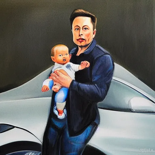 Prompt: a highly detailed portrait of elon musk rocking a baby sized tesla in his arms in oil paint, expressive pose, sharp focus