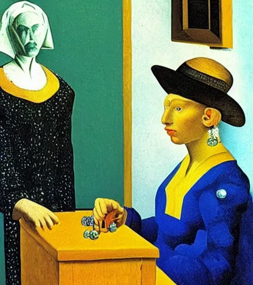 Prompt: portrait of a fortune teller automata by René Magritte, Van Gogh, Vermeer, MC Escher