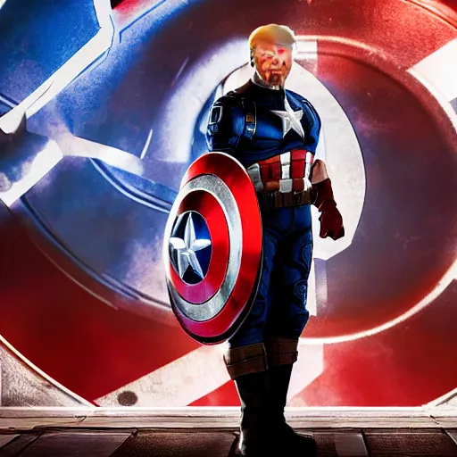 Prompt: portrait of donald trump as captain america in gears of war, splash art, movie still, cinematic lighting, dramatic, glowing, ray tracing, octane render, long lens, shallow depth of field, bokeh, anamorphic lens flare, 8 k, hyper detailed, 3 5 mm film grain