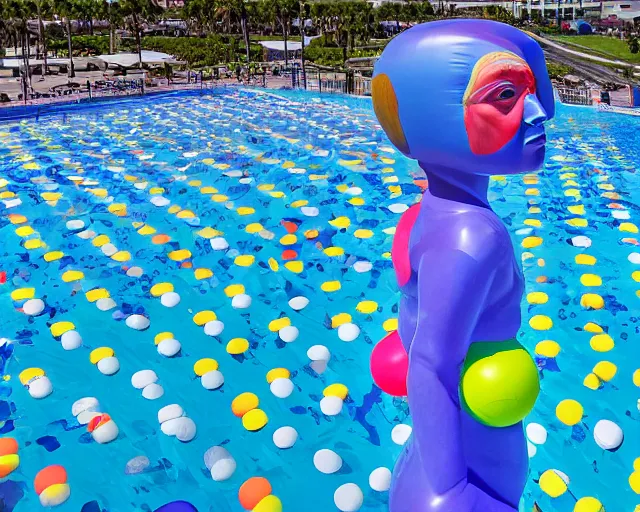 Image similar to a long shot of a giant award winning sculpture made out of thousands of inflatable pool toys in the shape of a realistic human head on the surface of the ocean, in the style of chad knight, hyper detailed, hyper realistic, ray tracing, 8 k resolution, sharp focus, realistic water