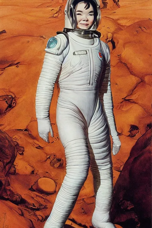 Image similar to upper body portrait of bjork wearing a huge leather spacesuit on Mars by norman rockwell and mandy jurgens and john singer sargent