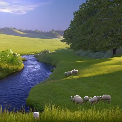 Image similar to A beautiful, serene landscape of a rolling green hill and a river running through it, with a few sheep grazing in the distance, rendered in unreal engine 4, with a 4k resolution and a beautiful bloom effect.