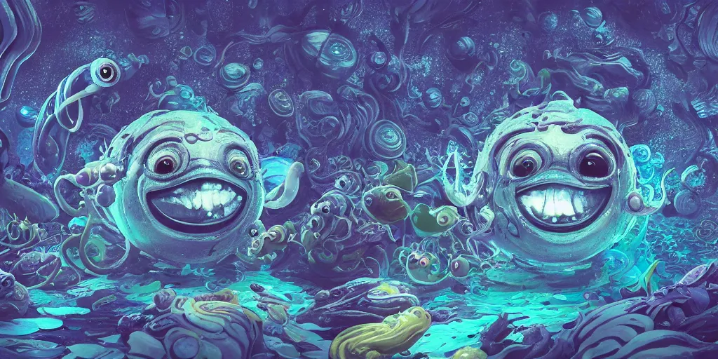 Image similar to of an intricate deep sea with strange cute friendly happy creatures with huge eyes, long tongue, round teeth and goofy funny face, appearing from the background, in the style of gehry and gaudi, macro lens, shallow depth of field, ultra detailed, digital painting, trending artstation, concept art, illustration, cinematic lighting, photorealism, epic, octane render