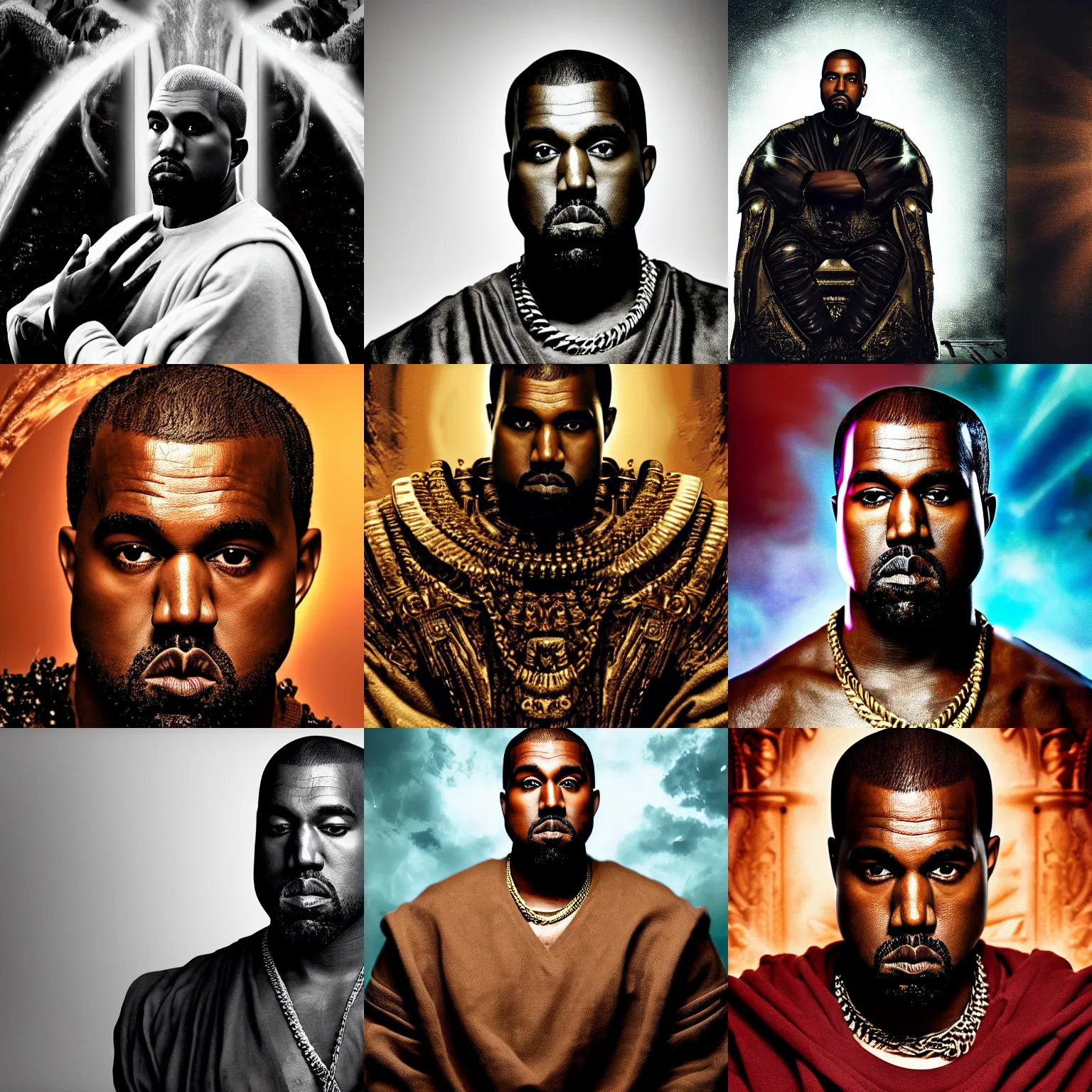 Image similar to Portrait of Kanye West as the god-emperor of mankind, amazing splashscreen artwork, splash art, head slightly tilted, natural light, elegant, intricate, fantasy, atmospheric lighting, cinematic, matte painting