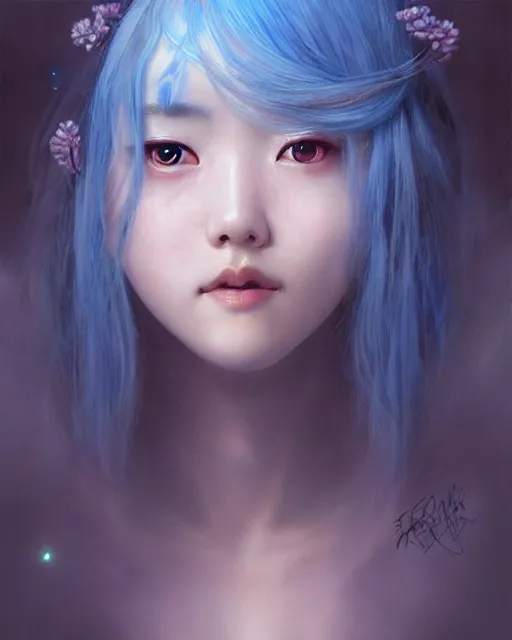 Prompt: symmetrical portrait of a pretty korean girl with blue hair dressed as alice in wonderland, beautiful sparkling blue eyes, dark forest background, moonlight, digital painting, 8 k, concept art, art by wlop, artgerm, greg rutkowski and alphonse mucha