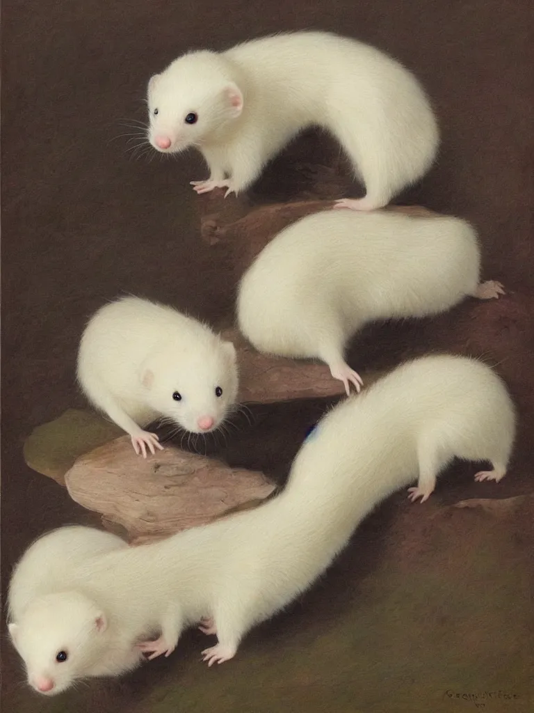 Prompt: A portrait of an albino ferret. Oil on canvas. Hyperrealistic. Cute. Fantasy theme. By George Wheelhouse and Warwick Goble.